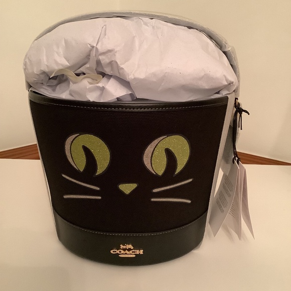 🎃 Coach Black Leather & Canvas Green Eyes Cat Halloween 🎃 Bucket Tote NWT - Picture 1 of 5